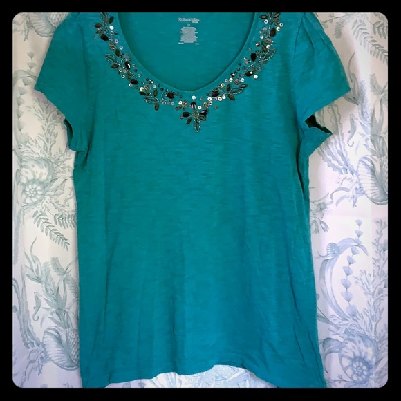 St. John's Bay Tops - Teal Beaded St. John’s Bay T-Shirt L
